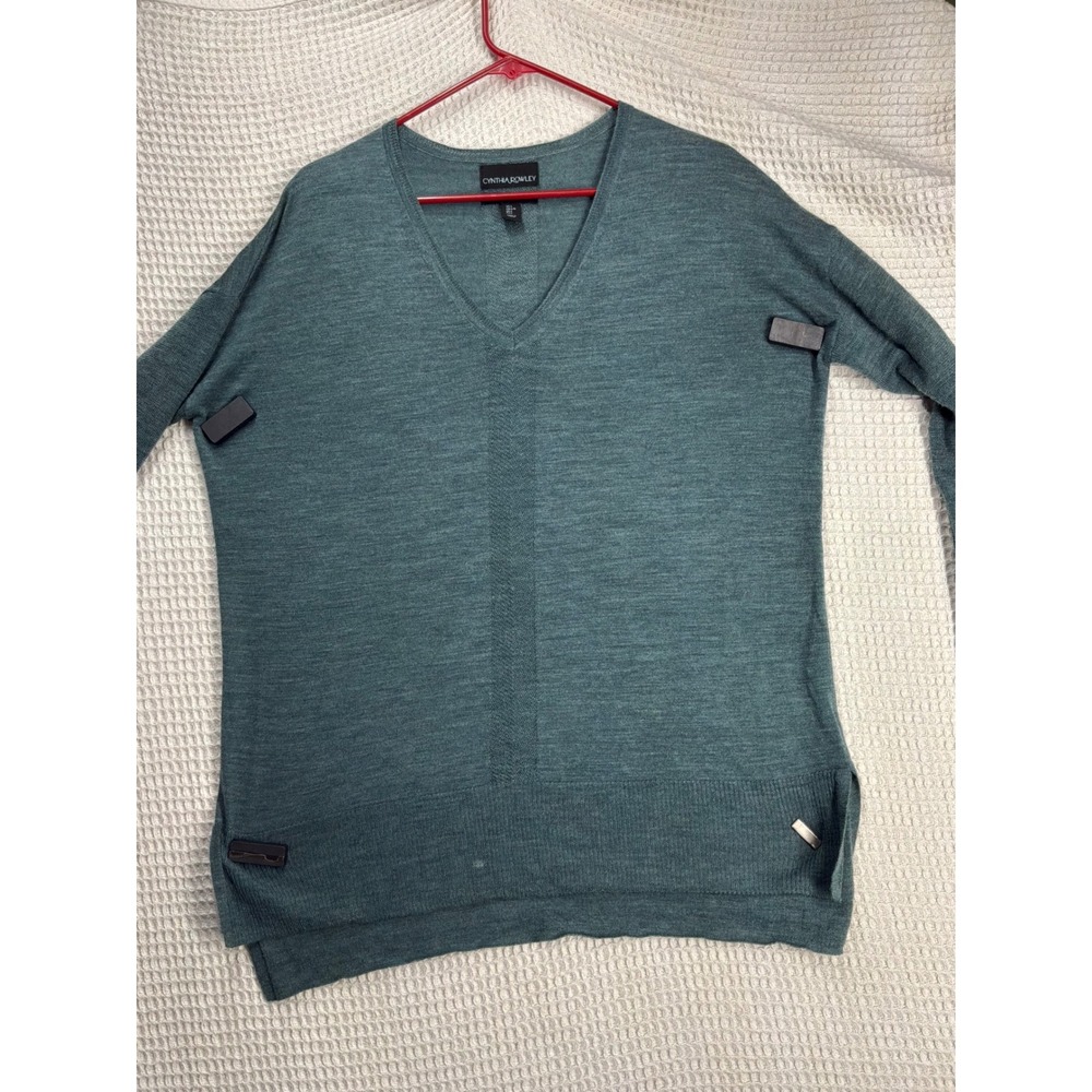 Quiet Luxury Women Cynthia Rowley Merino Wool V-Neck Sweater L Teal Blue